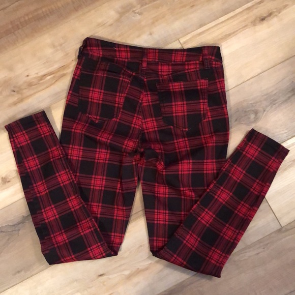 HT DENIM HI-RISE SUPER SKINNY SIZE 1 RED & BLACK PLAID JEANS - Picture 2 of 11